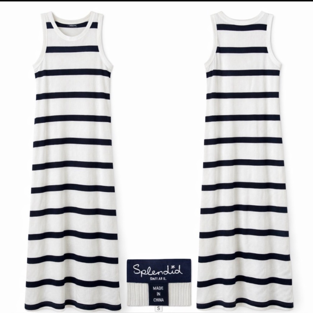 Splendid White Navy Stripes Maxi Dress Sleeveless Stretch Knit Summer Sz S
